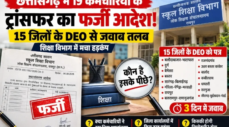 छत्तीसगढ़ में 19 कर्मचारियों के ट्रांसफर का फर्जी आदेश! 15 जिलों के DEO से जवाब तलब, शिक्षा विभाग में मचा हड़कंप
